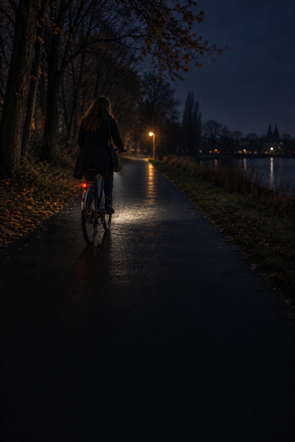 Een vrouw fietst 's avonds alleen over een donker fietspad langs het water