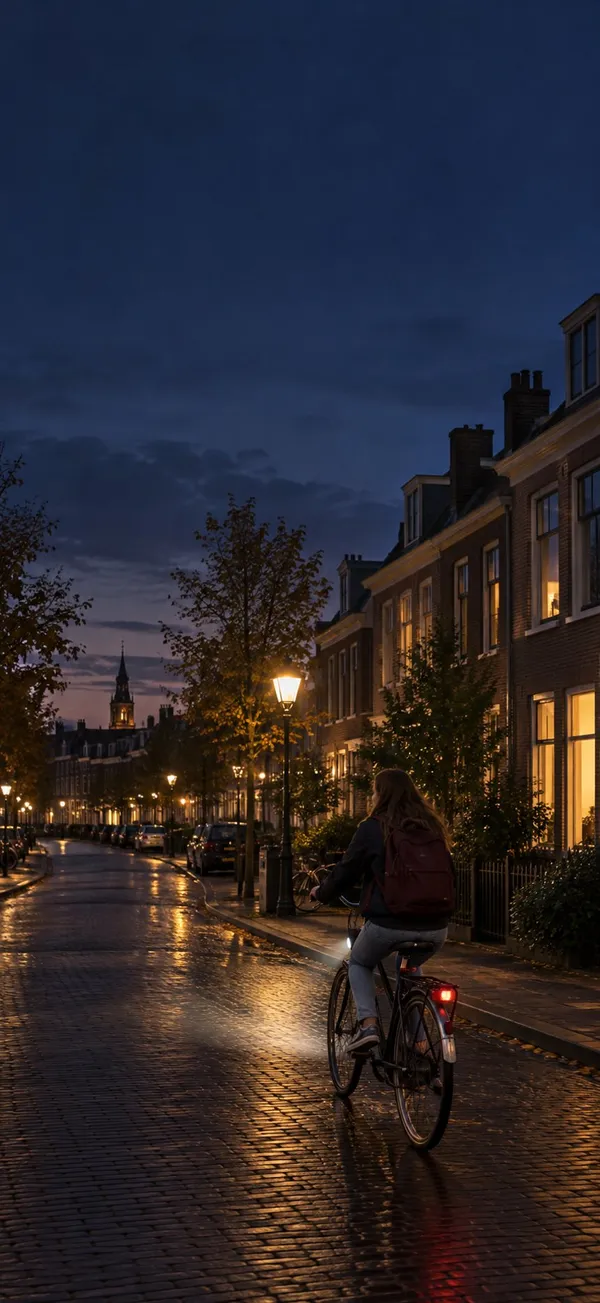 Een meisje fietst 's avonds door een natte straat naar huis