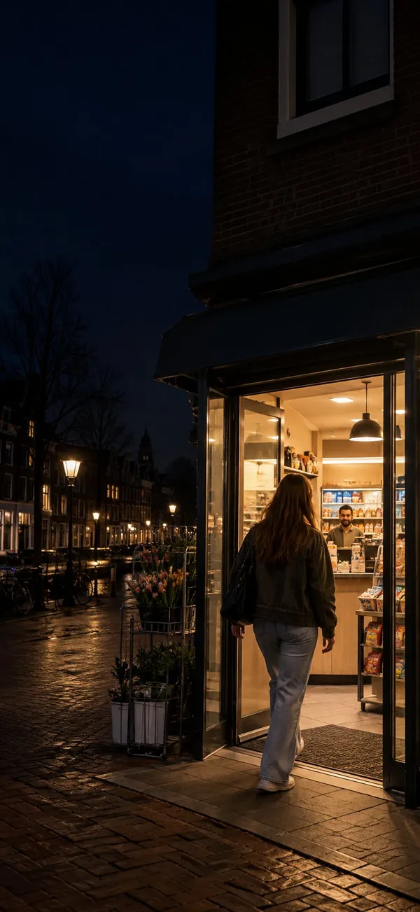 Een jonge vrouw stapt 's avonds een verlichte avondwinkel binnen