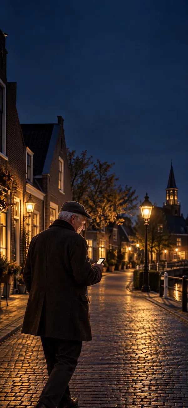 Een oudere man loopt 's avonds rustig over straat en kijkt op zijn telefoon