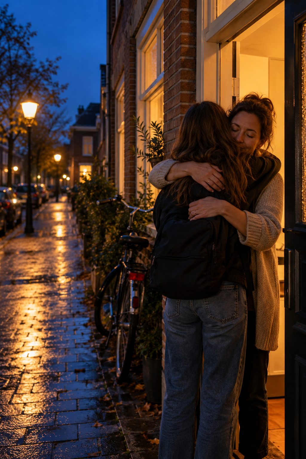 Een moeder omhelst haar dochter die 's avonds op de fiets thuiskomt, in de deuropening van hun huis